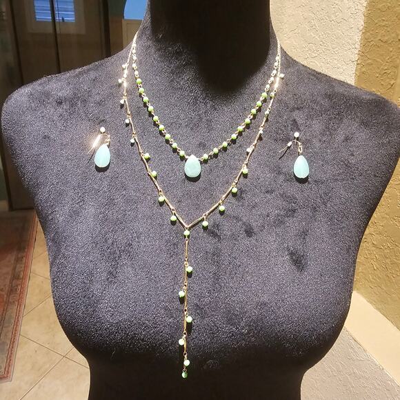 Gold Tone Green Stone Layered Necklace & Earring Set Boho Modern Jewelry - Picture 4 of 8